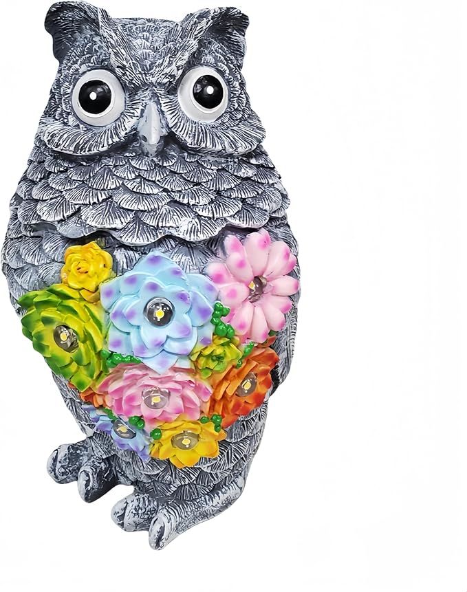 Garden Solar Owl Statue with Glowing Succulent Decor Outdoor Figurine Light Resin Sculpture Decoration for Home Porch Patio Lawn Farm Yard Housewarming Ornament Gift-Ruum Studio Home