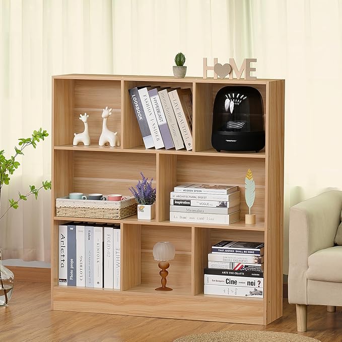 LEYAOYAO 8 Cube Bookshelf with Wood Base,Natural 3 Tier Mid-Century Modern Bookcase,Standing Wide Bookshelves Storage Organizer Shelf,Rustic Display Cabinet Book Shelves for Bedroom,Living Room-Ruum Studio Home