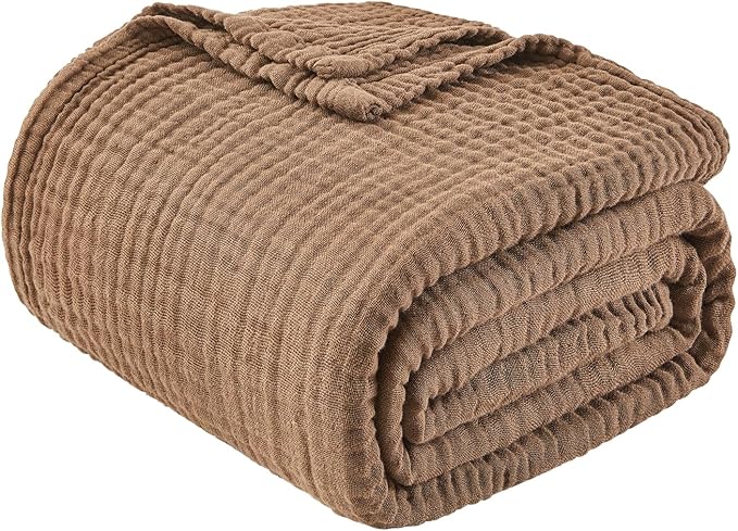 EMME Cotton Muslin Queen Blanket Bed Layering Breathable Gauze Blanket Soft Lightweight Blankets Adults (Brown, 90"x90")-Ruum Studio Home