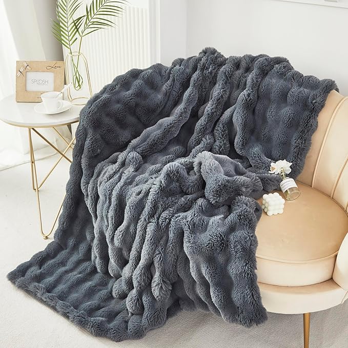 RYNGHIPY Faux Fur Throw Blanket Double Side Thick and Warm Plush Fluffy Faux Rabbit Fur Decoration for Couch Sofa Chair and Bed Cozy Winter Blanket (Dark Grey, 63''x79'')-Ruum Studio Home