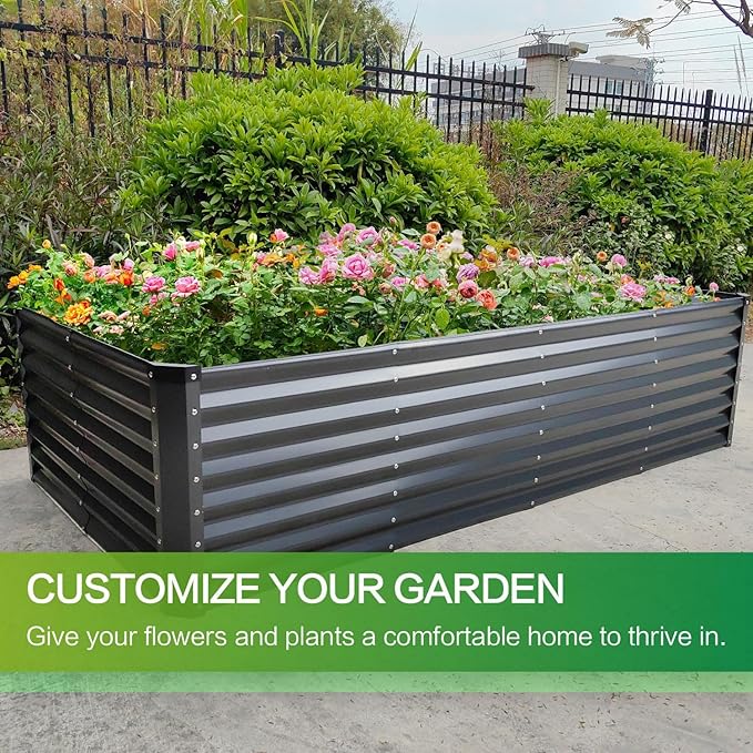 GARDMAX 8x4x2FT Galvanized Raised Garden Bed Kit, Metal Planter Boxes Outdoor with Easy Assembly, Large Garden Bed for Vegetables, Fruits, Flower, Herbs Rectangle Dark Gray-Ruum Studio Home