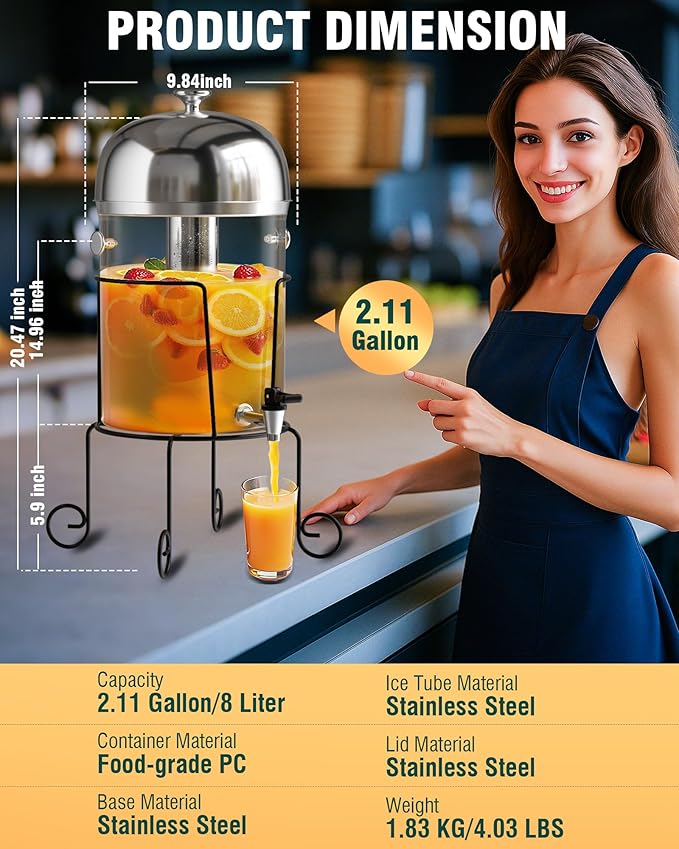 Wantjoin Beverage Dispenser With Stand - 2 Gallon Drink Dispenser With Stand Juice Dispensers For Parties, Ice Core, Spigot, Visible Container For Lemonade, Cocktail, Sangria, Punch, Events, Buffet-Ruum Studio Home