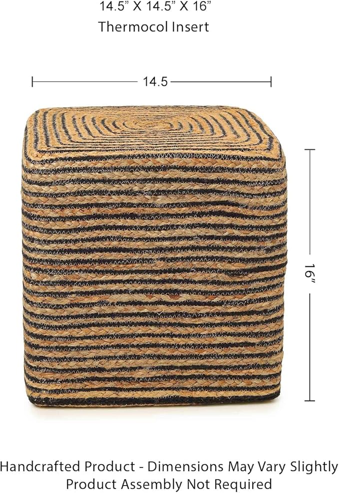 REDEARTH · Cube Pouf Foot Stool Ottoman - Jute Braided Pouffe Poof Accent Sitting Footrest for The Living Room, Bedroom, Nursery, Lounge 50% Jute 50% Cotton Set of 2 (14.5”x14.5”x16”; Natural Black)-Ruum Studio Home