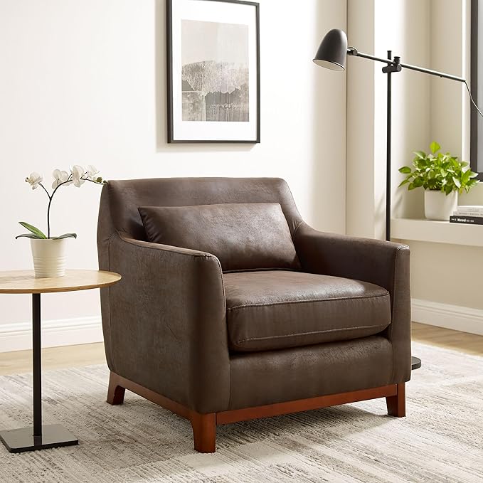 Extra Deep Accent Chair, Comfy Fabric Armchair with Wood Base, Upholstered Single Sofa Chair for Living Room & Bedroom, Faux Leather Dark Brown-Ruum Studio Home