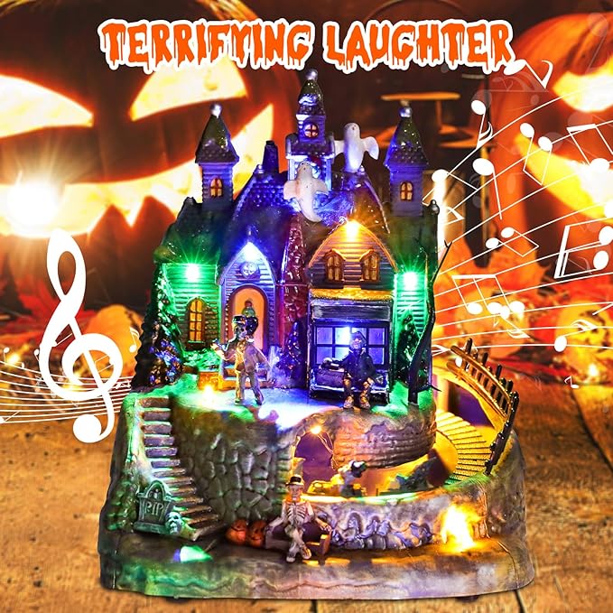 DREAM GARDEN Halloween Village Collection, Lighted Spooky Haunted House with Animated Train and Scary Sound Resin Spooky Town with Skull, Pumpkin, Ghost for Holiday Party Tabletop Decor-Ruum Studio Home