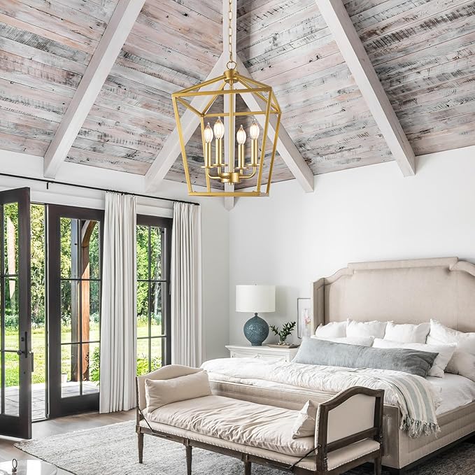 Farmhouse Chandelier 4-Light, Gold Pendant Light Fixture for Kitchen Island Dining Room, Lantern Industrial Lighting Ceiling Hanging with Metal Cage Adjustable Height for Entryway Foyer-Ruum Studio Home