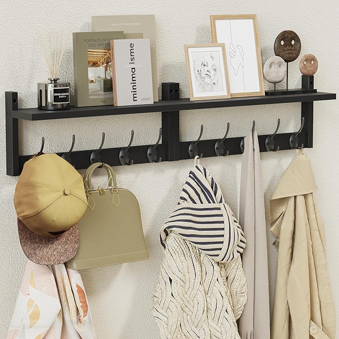 AMBIRD 34.2" Extra Long Wooden Wall Hook Rack with Shelf - Versatile and Decorative Wall-Mounted Storage with 10 Hooks for Coats, Hats, Keys, Scarves - Ideal for Entryways, Bedrooms, Closets (Black)-Ruum Studio Home