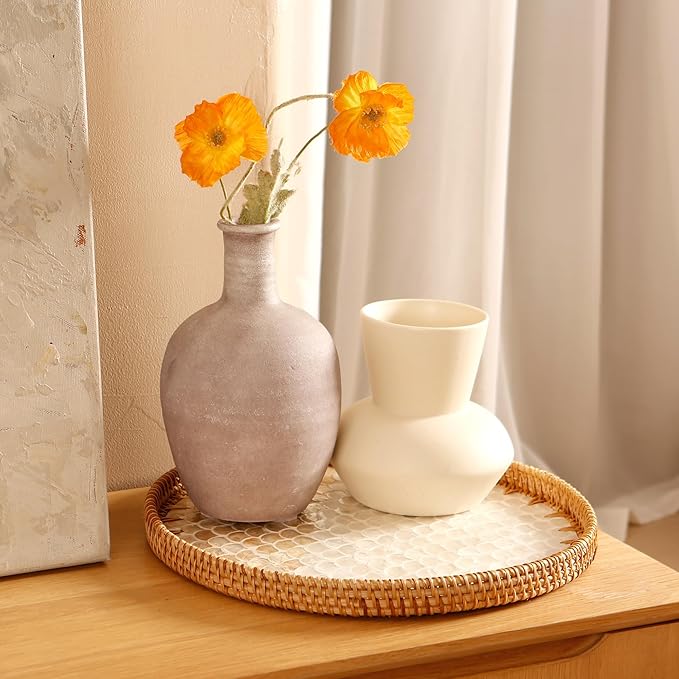 Round Rattan Tray with Mother of Pearl Inlay & Wooden Base - Decorative Wicker Serving Tray for Coffee/Bread/Fruits, Food Storage & Display - Multipurpose Home Decor (L,Fish Scales)-Ruum Studio Home