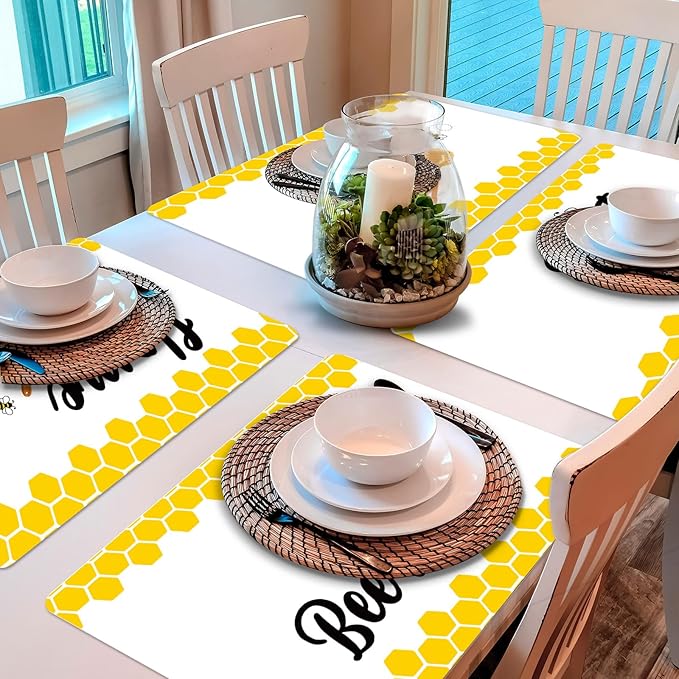 Honey Bee Placemats Set of 6 Summer Plastic Table Mats Yellow Bee Theme Placemats Washable Farmhouse Rustic Holiday Table Decoration for Indoor Outdoor Party Kitchen Dining-Ruum Studio Home