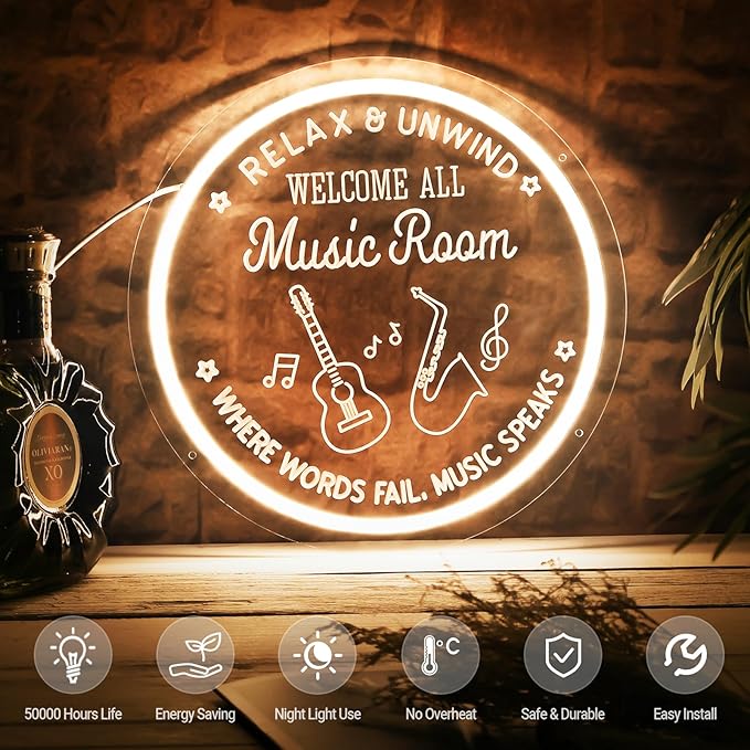 Live Music Neon Sign for Music Studio, Guitar LED Light Up Signs for Wall Decor, 3D Art Dimmable Neon Light USB for Bedroom Game Room Man Cave Party Aesthetics Decor, 12x12 Inch-Ruum Studio Home