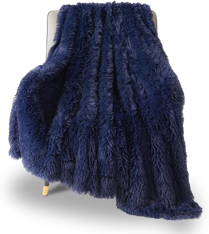 GONAAP Fuzzy Faux Fur Throw Blanket Twin Size Dark Navy Super Soft Cozy Plush Fuzzy Shaggy Blanket for Couch Sofa Bed (Dark Navy, Twin(60"x80"))-Ruum Studio Home