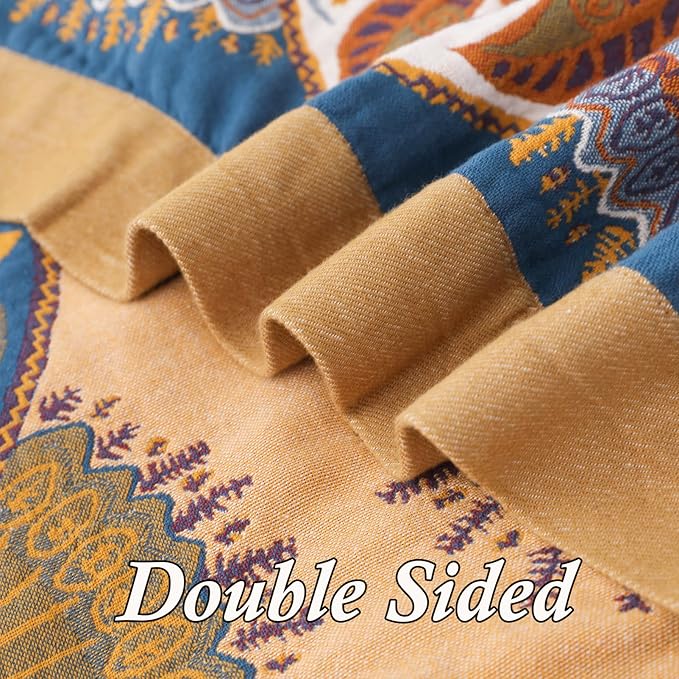 Snycler Boho Throw Blanket for Bed - 100% Cotton Ultra Soft Rustic Quilt Blanket Orange Green Printed Farmhouse Decor Bed Blankets, 80"×90" All Season Rustic Throw for Sofa Couch Chair-Ruum Studio Home