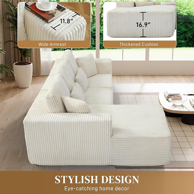 HYJT-H&K Modular Sectional Sofa Cloud Sectional Couch, 107" Comfy Fluffy L Shaped White Couches for Living Room, Deep Seat Memory Foam Plush Corduroy Boneless Couch Sectionals Left Facing Chaise Sofa-Ruum Studio Home