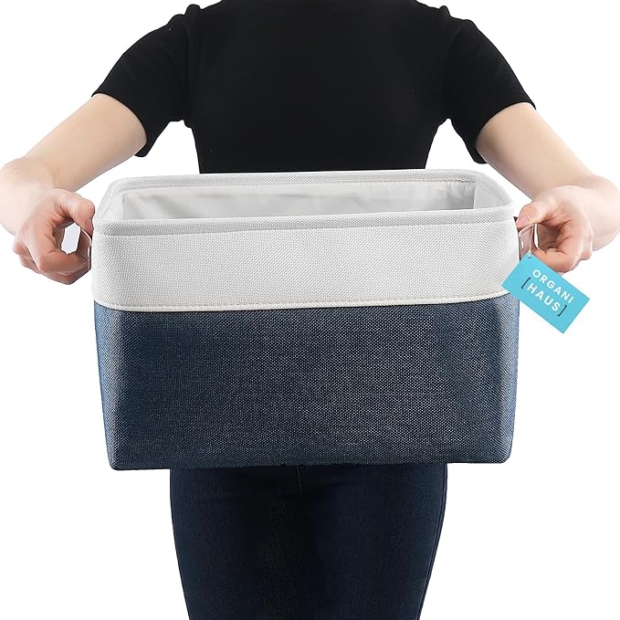 OrganiHaus Large Fabric Storage Bins for Shelves 3 Pack, 15x11in Closet Storage Bins for Shelves, Cloth Baskets & Closet Organizers, Fabric Basket, Navy Blue/White-Ruum Studio Home