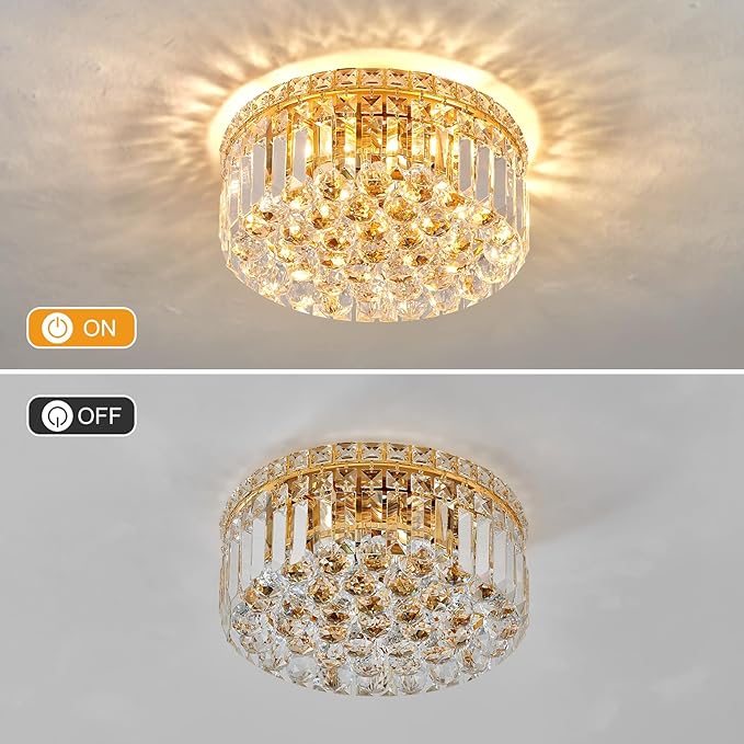 4-Light Gold Crystal Chandeliers Flush Mount Chandelier Light Fixture with K9 Crystals Modern Ceiling Lights Elegant Round Lamp for Bedroom,Hallway,Bar,Living Room,Dining Room,H5.9 xW13.7-Ruum Studio Home