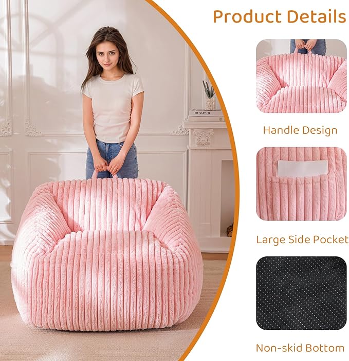 BYBYME Giant Bean Bag Chair for Adults and Kids, Large Comfy Cozy Beanbag, Floor Sofa for Teens, Living Room, Gaming, Reading, Pink-Ruum Studio Home