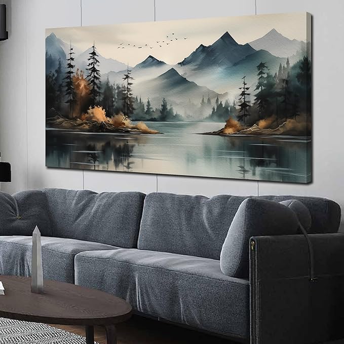 Rustic Wall Art for Living Room Large Size Teal Mountain Tree Landscape Canvas Wall Art for Bedroom Office Decor 29 x 59 Inch-Ruum Studio Home