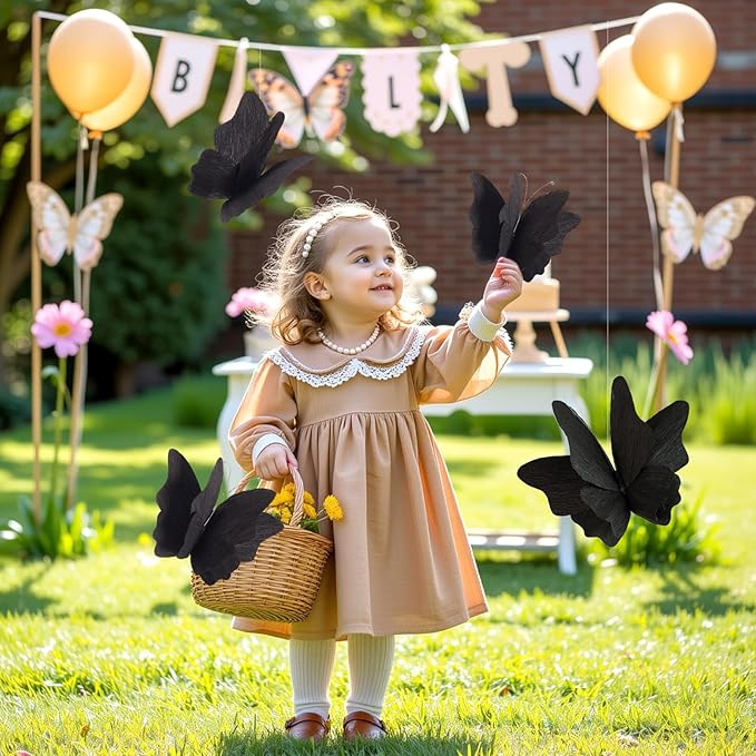 Party Butterfly Decorations, Black 3D Butterfly Birthday Decoration, 4 Pcs Crepe Paper Hanging Decor for Room, School, Black Theme, Flower Party for Garden, Dining Table Decor-Ruum Studio Home