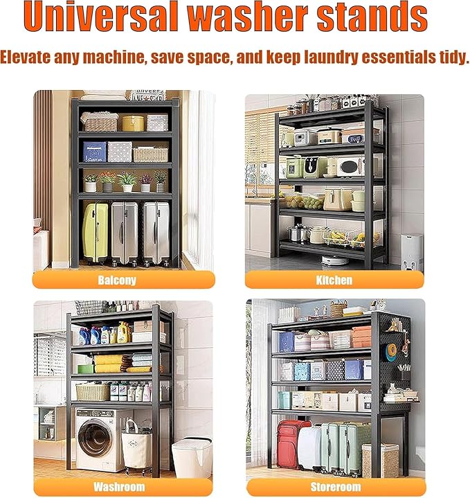 Over Washer and Dryer Storage Shelves,5 Tiers Laundry Room Standing Shelf,Adjustable Metal Shelving Unit,Space Saving Shelf, 63" H x 31.5" W x 15.7" D, Black-Ruum Studio Home