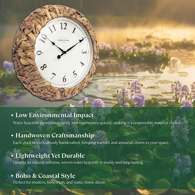 Presentime & Co. Farmhouse Series, Rustic Woven Clock, 12.6 inch, Natural Woven Water Hyacinth/Sea Grass. Wall Sculpture, Wall Art and Timepiece for Home Decoration/Decoration/Farmhouse Décor-Ruum Studio Home