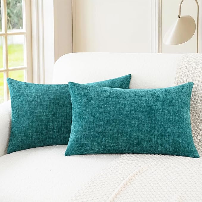 CaliTime Throw Pillow Covers Decorative 12 X 20 Inches Pack of 2 Cozy Chenille Cushion Cases for Couch Sofa Bed Living Room Home Teal-Ruum Studio Home