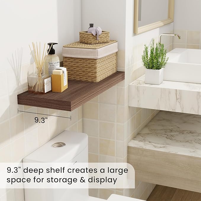 Fun Memories 24 Inch Floating Shelves for Wall, 9 Inch Deep Walnut Rustic Wood Wall Mounted Shelves for Bathroom, Kitchen, Living Room, Set of 2-Ruum Studio Home