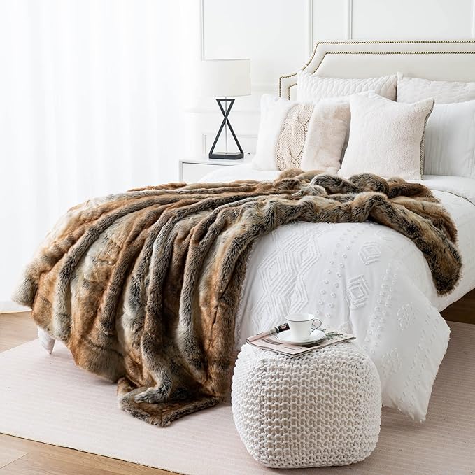 BATTILO HOME Large Brown Faux Fur Throw Blanket for Bed, Fall Fur Blanket and Throws, 60 x 80 Inches Super Soft Fuzzy Thick Warm Blankets for Couch, Reversible to Plush Velvet-Ruum Studio Home