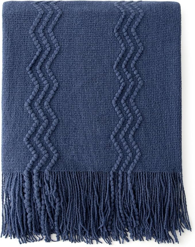 MIULEE Navy Blue Knitted Throw Blanket for Couch Textured Knit Blanket with Tassels Cozy Woven Boho Bed Blanket for Sofa Bed Chair Acrylic Wave Pattern 50"x60"-Ruum Studio Home