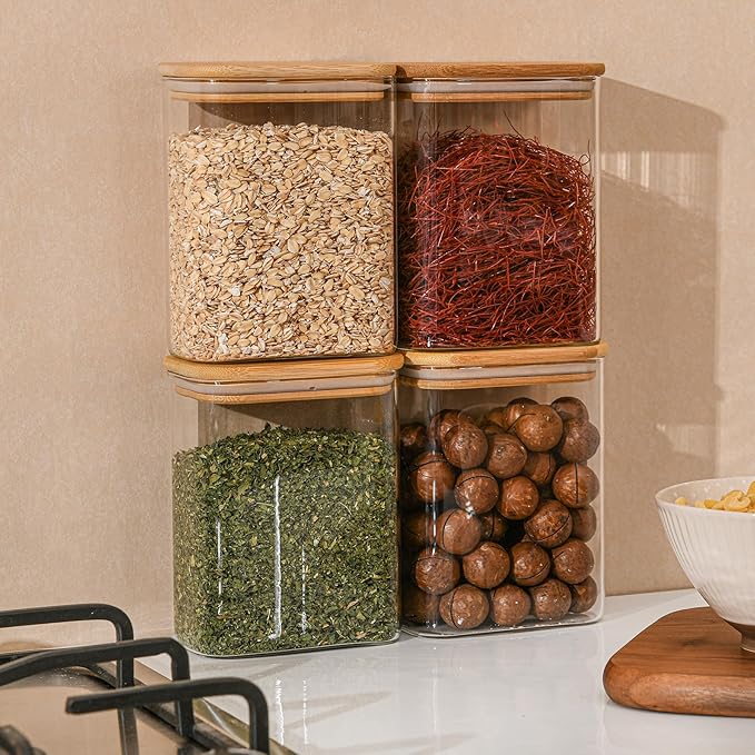 37oz Rectangle Airtight Glass Storage Containers with Bamboo Lids (Set of 4), Square Food Storage Jar, Pantry Organizers for Cereal, Nuts, Snacks and Coffee beans (‎with Black Lable)-Ruum Studio Home