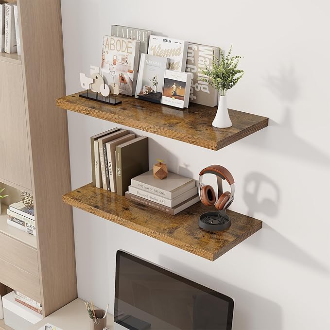 32" Floating Shelves for Wall, 12" Deep Slim Rustic Brown Floating Shelves, Wall-Mounted Shelves for Bedroom, Living Room, Kitchen, Bathroom - Set of 2-Ruum Studio Home