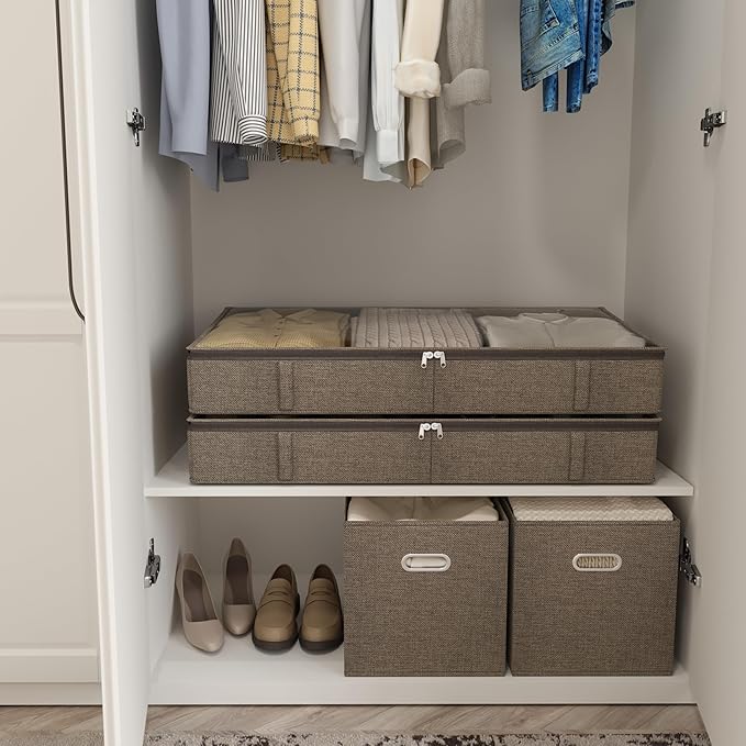 Brown Low Profile Under Bed Storage Containers 5 inches high, 33.8"x 17.7"x 5.1", Sturdy Underbed Shoe Storage Organizer, Foldable Fabric Under the Bed Storage Bins - Pack of 2-Ruum Studio Home
