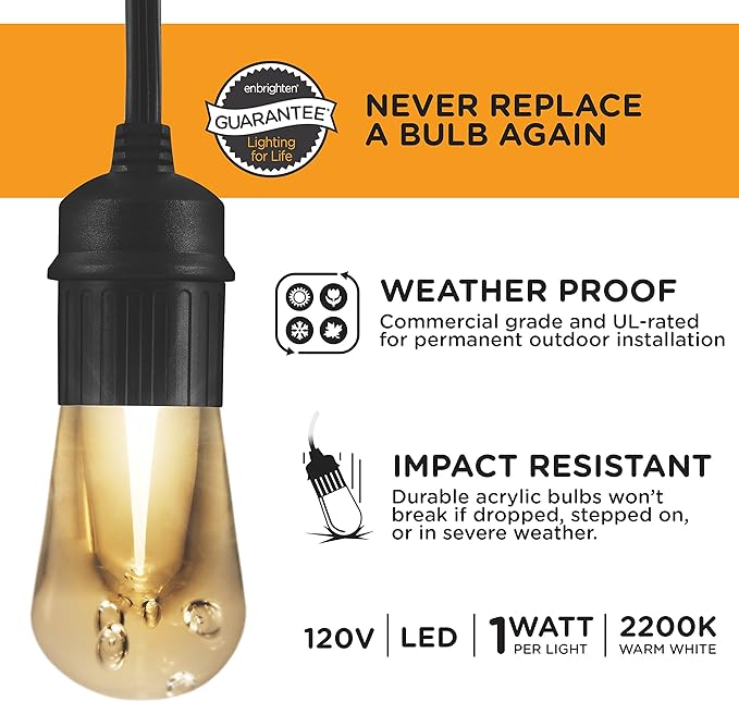 Enbrighten LED Outdoor String Lights 24ft Soft Warm White Patio Lights with Ultra-Durable Shatterproof and Waterproof Acrylic Bulbs for Balcony, Backyard, Porch, Gazebo, Deck, Party and Market, 35629-Ruum Studio Home