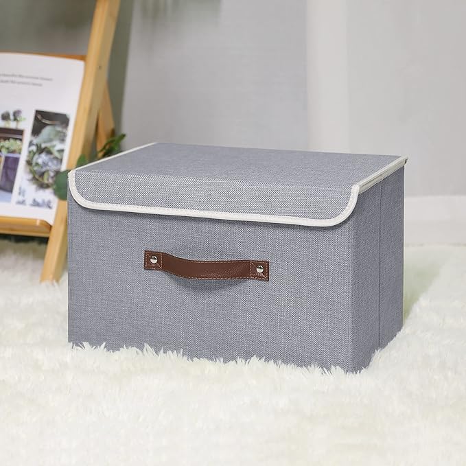 ANMINY Storage Bin with Lid Storage Boxes with PU Leather Handles PP Plastic Board Decorative Foldable Lidded Cotton Linen Fabric Home Cubes Baskets Closet Organizer Container - Gray, Large Size-Ruum Studio Home
