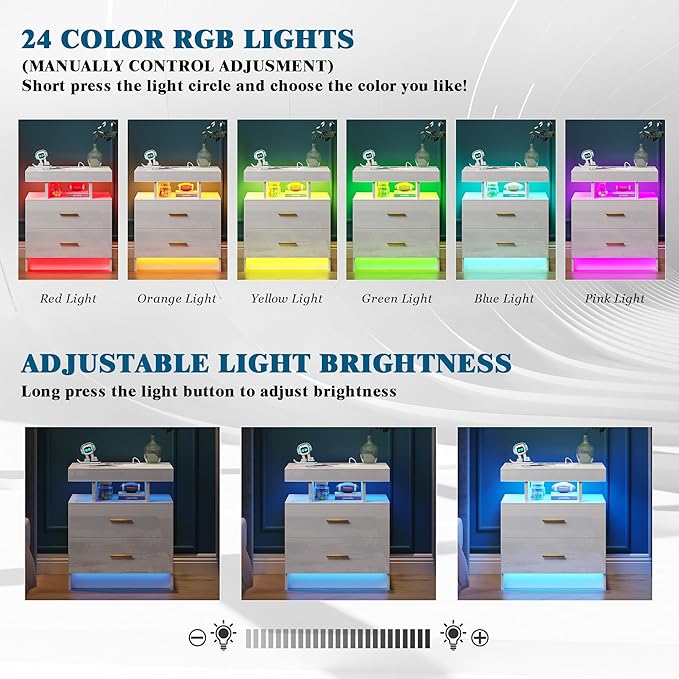 Night Stand with Light, High Gloss Nightstand with USB/Wireless Charging Station, LED White Nightstands with Storage Drawers, RGB Side End Table for Bedroom Furniture（White-Ruum Studio Home