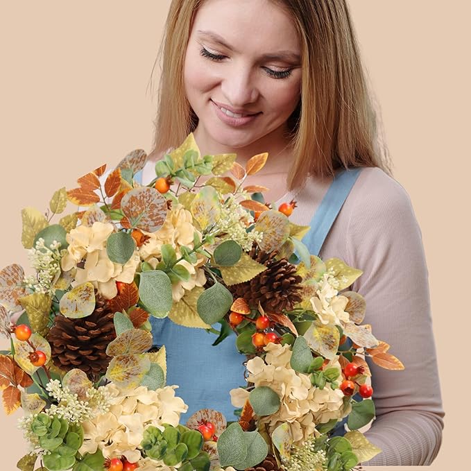 22 in Fall Hydrangea Wreath with Eucalyptus, Pinecones Orange Berries Perfect Autumn Door Wreath for Thanksgiving Harvest Decor - Rustic, Lifelike Durable for Indoor Outdoor Use-Ruum Studio Home