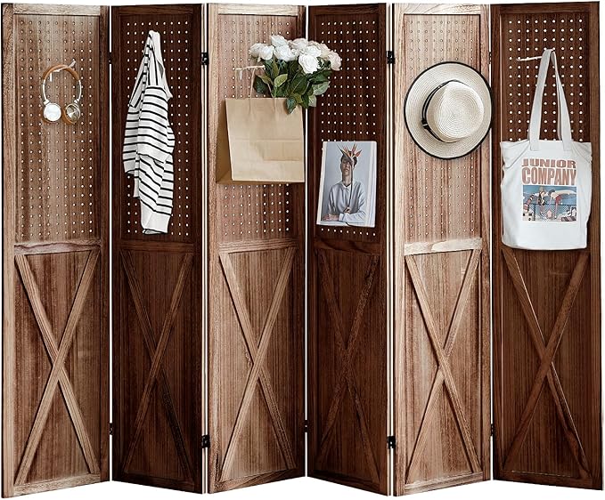 6 Panel Pegboard Room Divider, 5.6Ft Pegboard Display Folding Privacy Screens, Wood Room Divider Peg Board Display Freestanding for Trade Show Craft Show Home Wall Organizer, Brown-Ruum Studio Home