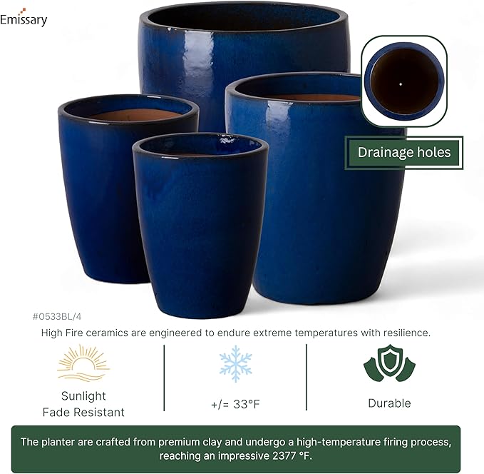 Emissary Bullet 14 in. Blue Ceramic Round Planter (14 in. L x 14 in. W x 15.5 in. H) with Drainage Hole-Ruum Studio Home
