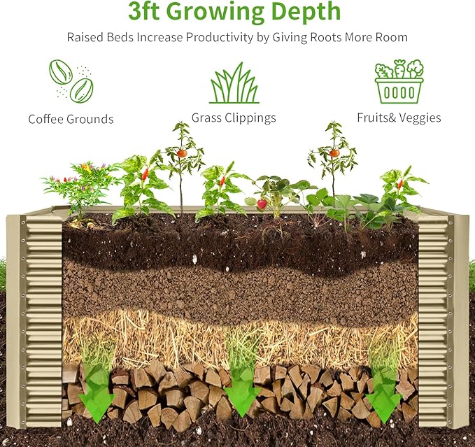 Land Guard 8x4x3ft Rectangular Galvanized Raised Garden Beds, Large-Capacity Metal Planter Box Outdoor, Durable Deep Raised Garden Bed 3ft Tall, Raised Beds for Gardening Vegetables, Cream Yellow-Ruum Studio Home