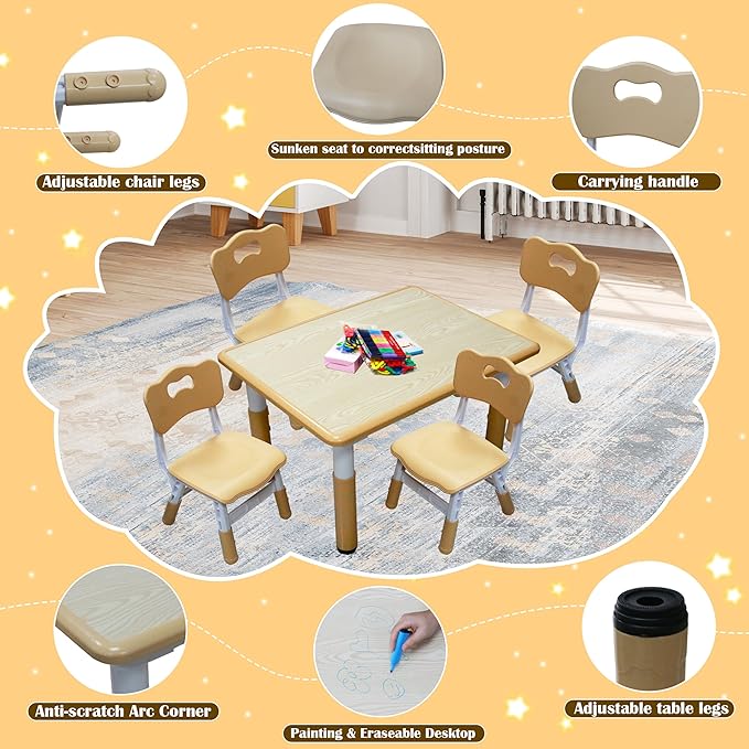 Kids Table and 4 Chairs Set with Graffiti Desktop, Toddler Furniture Set, Non-Slip, Table Children Study Desk, Dining Table, Height Adjustable Desk, Painting Desktop for Kids (31.5x23.6Inch)-Ruum Studio Home