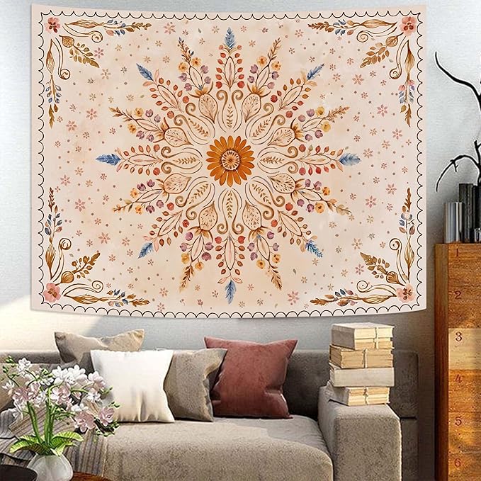 Fowocu Boho Floral Mandala Tapestry for Bedroom Aesthetic Watercolor Bohemian Flower Wall Tapestry Brown Beige Hippie Indian Small Tapestries Wall Hanging for Living Room Dorm Decor 40 x 30 Inch-Ruum Studio Home