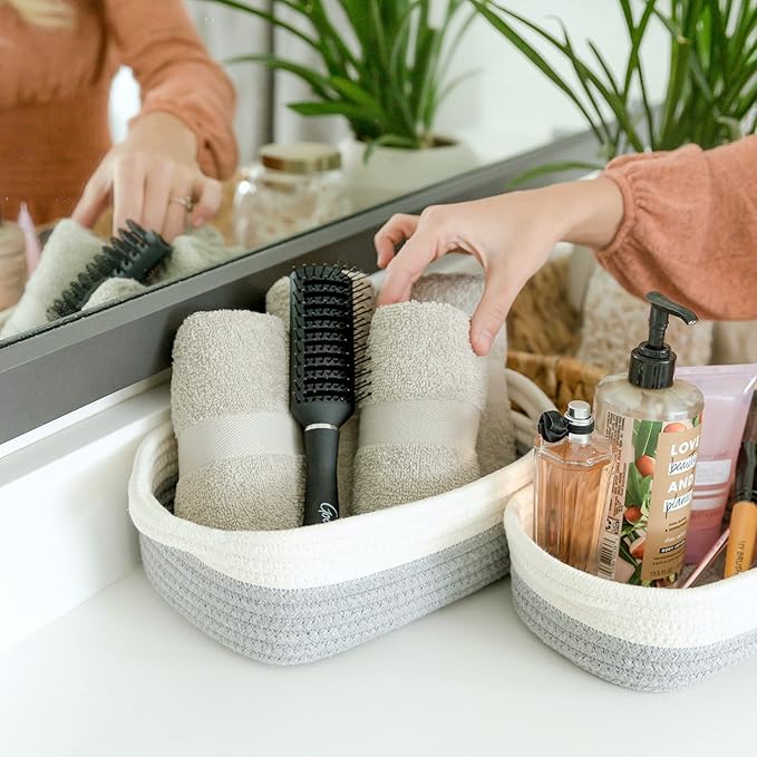 NaturalCozy 5-Piece Rectangle Storage Basket Set- Natural Cotton Rope Woven Baskets for Organizing! Small Basket for Montessori, Baby Nursery, Dog Toy Baskets, Cat Toy Box, Bathroom Organization Bin-Ruum Studio Home