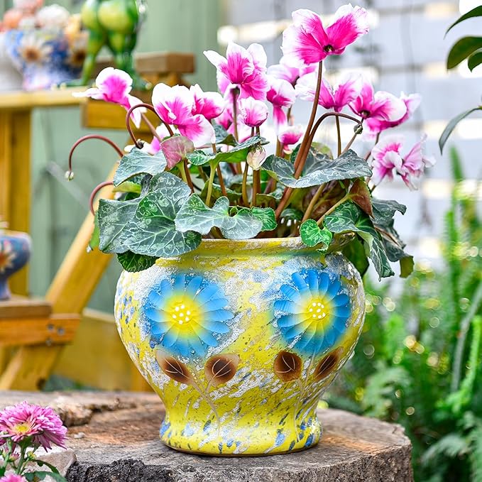 Sungmor Ceramic Hand Painted Succulent Flower Pots, 9 Inch Large Pottery Pots for Indoor Outdoor Plants, Decorative Ceramic Vase for Flower Arrangement Home Decor, Vintage Centerpieces Flowerpot-Ruum Studio Home