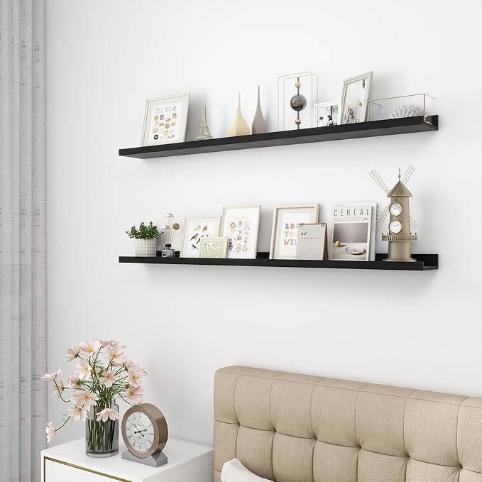 Picture Ledge Shelf, Wood Long Floating Shelves for Wall, Set of 2, 48 inch Picture Ledge Shelves, Photo Ledge Nursery Book Shelves Wall Mounted for Living Room Kids' Room Bedroom, Color Black-Ruum Studio Home