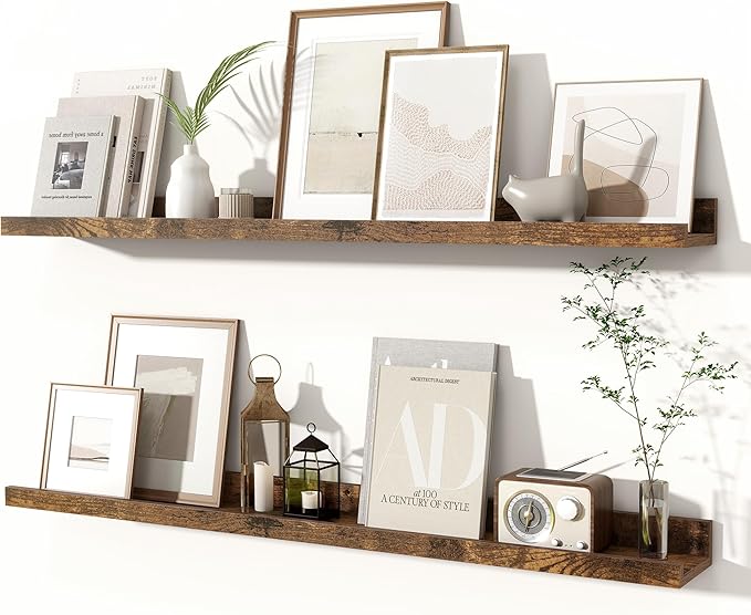 Fun Memories Picture Ledge Shelves Set of 2, 36 Inch Rustic Wall Mounted Floating Shelves with Lip for Home Storage and Décor in Bathroom, Kitchen, Nursery, Bedroom, Living Room, Brown-Ruum Studio Home