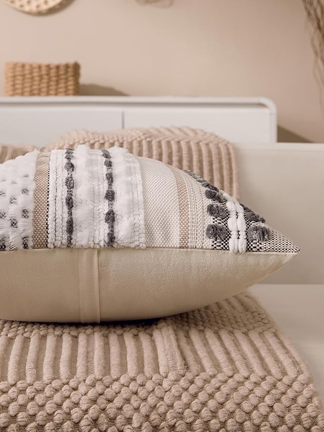 Boho Chenille Tufted Couch Throw Pillow Covers 18x18 Inch Set of 2 Farmhouse Striped Decorative Pillow Covers Accent Neutral Square Pillowcase Grey Cushion Covers for Livingroom Sofa Bed-Ruum Studio Home