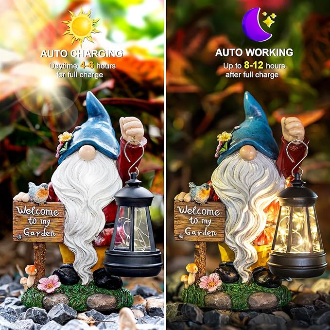 Garden Gnome Statues Figurine Lights - Solar Powered Lighting Outdoor Decorations with Lantern & Welcome Sign, Yard Art Lawn Ornaments for Porch Patio Balcony - Gnome Gifts for Women Mom-Ruum Studio Home
