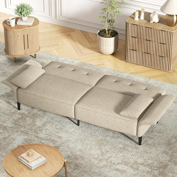 89” Futon Sofa Bed, Velvet Fabric Comfy Futon Couch Bed with 2 Square Pillows, Convertible Sleeper Sofa with Adjustable Backrest& Armrests, Modern Loveseat Sleeper for Living Room, Beige-Ruum Studio Home