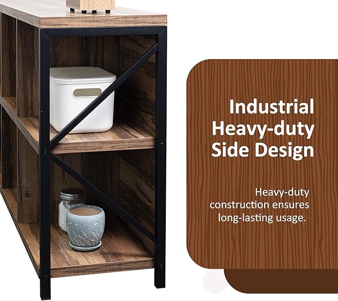 8 Cube Storage Organizer Bookshelf, Industrial Horizontal Bookcase, Accent Cubby Shelf, Media Console Table for Living Room, Home Office, 63 Inches, Light Oak-Ruum Studio Home
