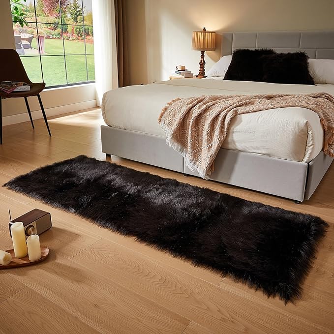 AMTOVO Faux Fur Rug, Black Ultra Soft Fluffy Shag Sheepskin Rug, 2 x 6 ft Runner Area Rugs for Bedroom Sofa Throw Cushion Room Decor, Rectangle-Ruum Studio Home