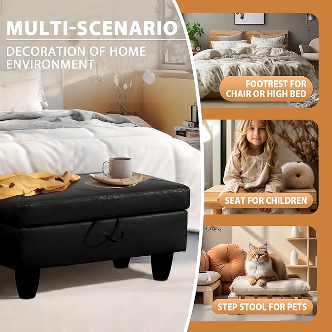 Ottoman Rectangular Storage Ottoman Bench, Faux Leather Footrest, Coffee Table, Stool Footstool with Hinged Lid for Living Room, Bedroom, Entryway, Black, 28.5"x19"x17.5"-Ruum Studio Home